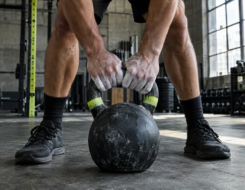 Chalked hands gripping a kettlebell on a concrete floor