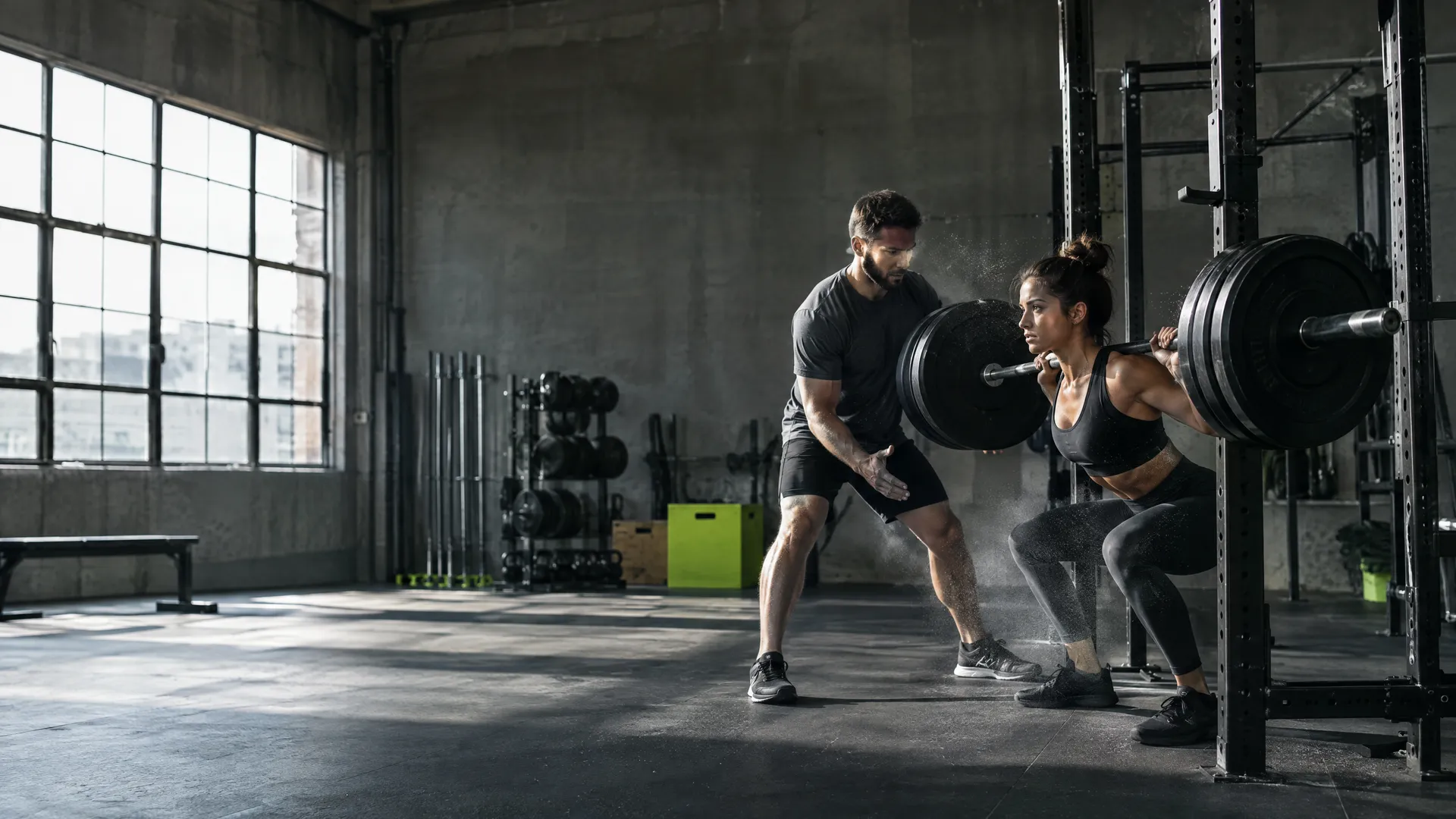 A coach spotting an athlete at a squat rack in an industrial strength gym