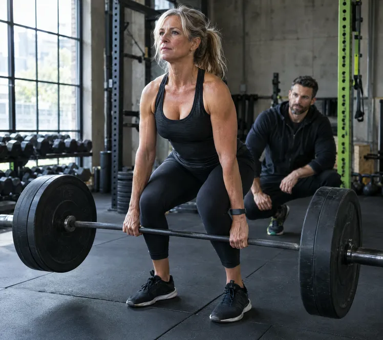 A client finishing a deadlift while her coach watches