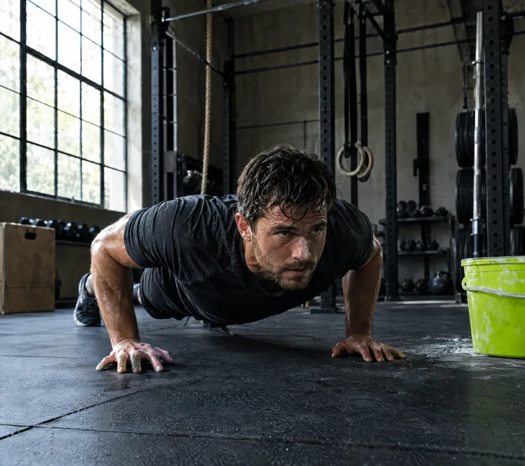 A man mid push-up on the gym floor